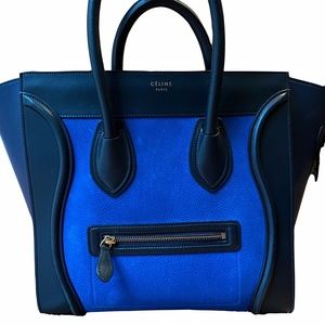 Rare Exclusive CELINE Mini Luggage Suede Leather Tote Bag Blue Black